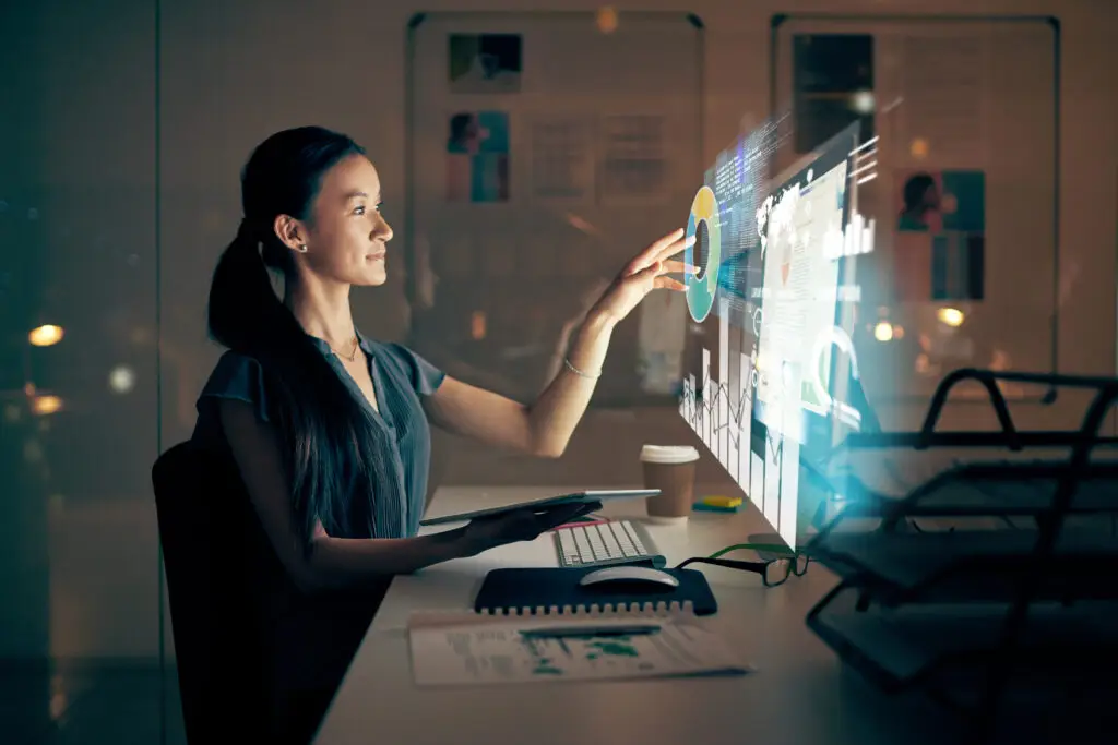 Woman and virtual computer